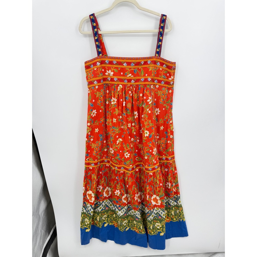 Tory Burch Dayton samba batik Floral Tiered Midi Dress sz 14 Red Blues Trim Boho